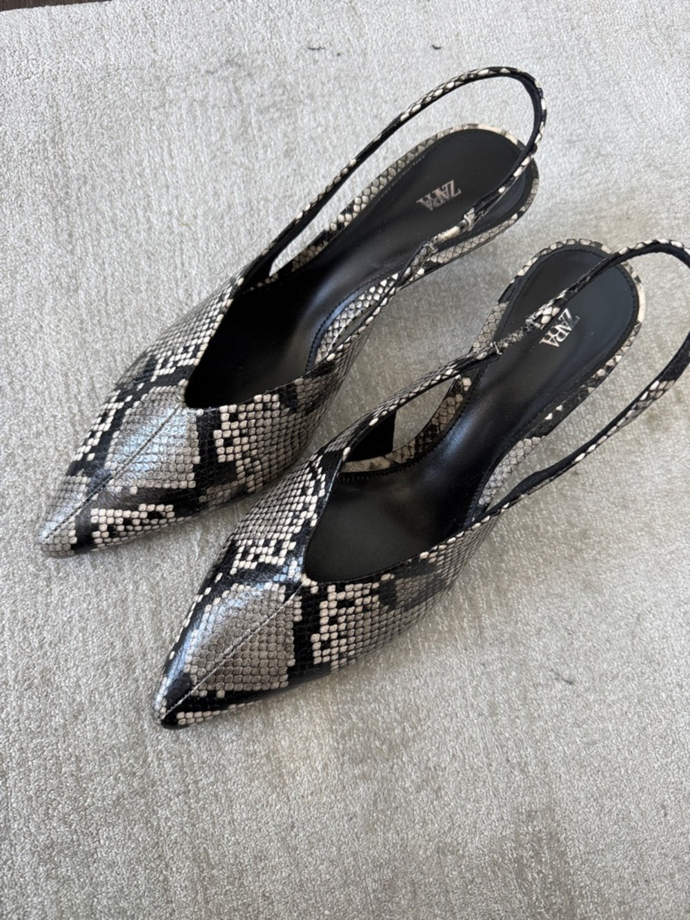 Zara Black and Gray Snake-Print Pointed Slingback Heels